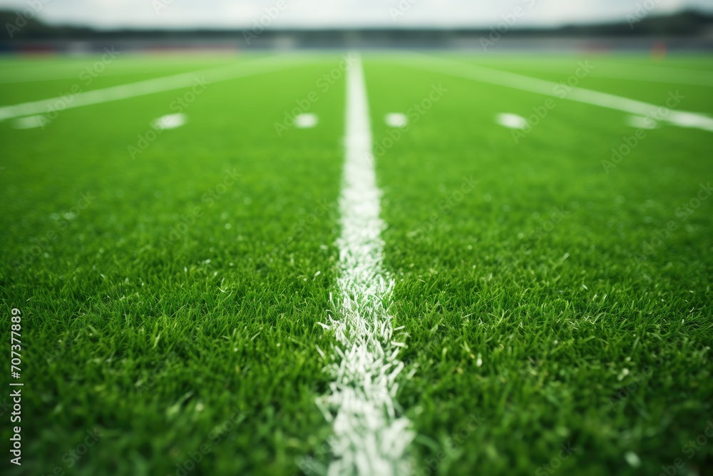 American football field, green grass with white field lines. Close-up photo