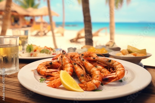 Fototapeta Naklejka Na Ścianę i Meble -  Punta Cana Feast: Indulge in a Seafood Paradise in Punta Cana, Where the Beach Meets Marisco Delights, Enhanced with Lemon for a Summer Culinary Delight.

