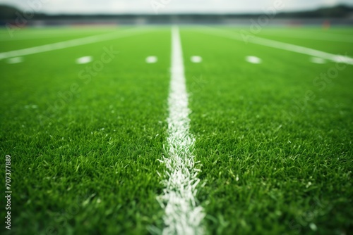 American football field, green grass with white field lines. Close-up photo photo