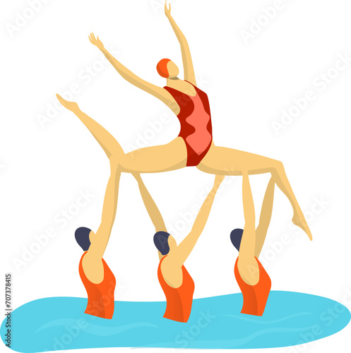 Synchro movement performance in pool, isolated on white vector illustration. Swimmer sport team in swimsuit icon. Woman character teamwork gymnastics in water, active coordination.