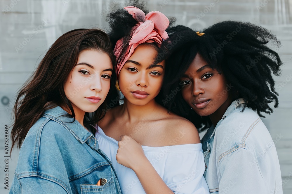 Three diverse young women with one in a headscarf lean close together, wearing denim jackets, in front of a grey backdrop.