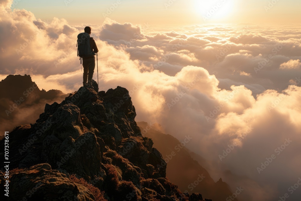 Madeira Sunrise: A Hiker's Silhouette on Madeira Island, Portugal, Above the Clouds, Experiencing the Majestic Beauty of the Mountain at Sunrise.





