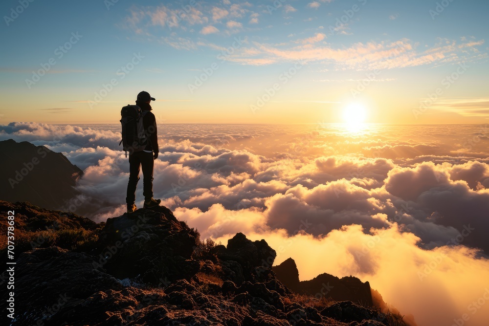 Φωτογραφία Madeira Sunrise: A Hiker's Silhouette on Madeira Island, Portugal, Above the Clouds, Experiencing the Majestic Beauty of the Mountain at Sunrise