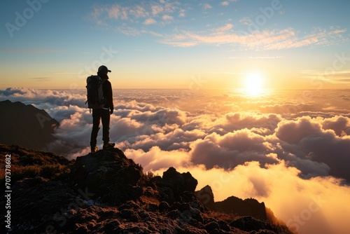 Madeira Sunrise: A Hiker's Silhouette on Madeira Island, Portugal, Above the Clouds, Experiencing the Majestic Beauty of the Mountain at Sunrise.       © Mr. Bolota