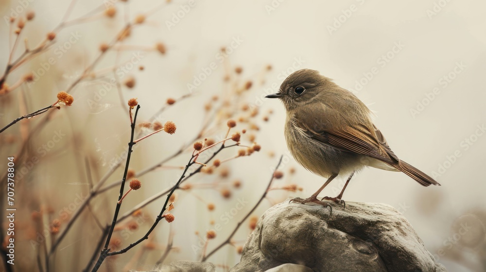 Obraz premium a small bird sitting on top of a rock next to a branch with small flowers on it and a blurry background of leaves and branches in the foreground.