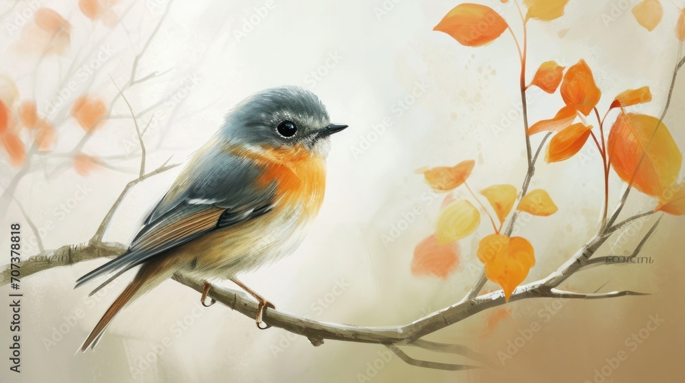  a painting of a bird sitting on a tree branch with orange and yellow leaves on the branch and a white background with a blue and orange bird sitting on the branch.