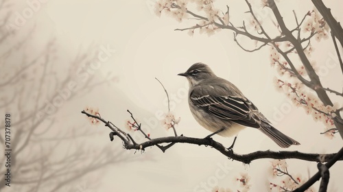  a bird sitting on top of a tree branch next to a tree filled with lots of pink and white flowers on a foggy day with a light sky in the background.