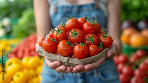 The girl's hands hold a wooden basket with bright, ripe tomatoes, the inscription "Non-GMO" is in focus, surrounded by a blurred background with other vegetables and fruits, Concept: freshness and eco