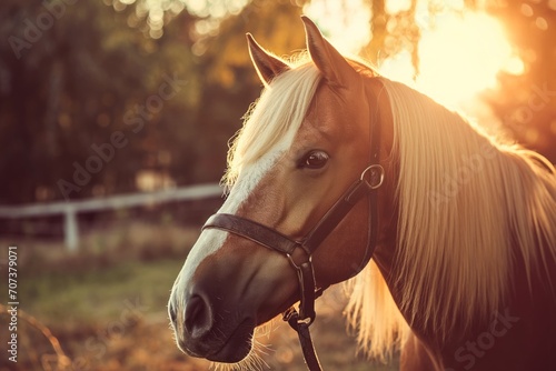 Golden light bathes a palomino horse with a halter, looking serene against a blurred farm background at sunset.