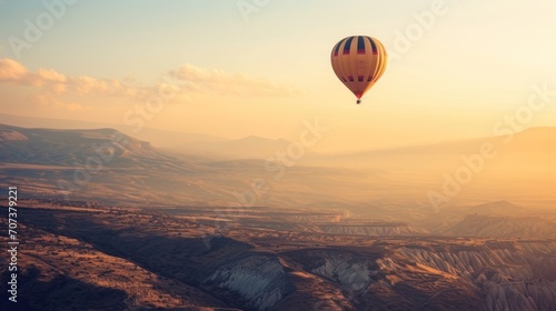  a hot air balloon flying in the sky over a mountain range with a valley in the foreground and a river running through the valley in the middle of the foreground. © Olga