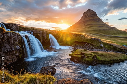 Sunset over Kirkjufellsfoss Waterfall and Kirkjufell Mountain  an iconic Icelandic landscape that blends majestic silhouettes  reflecting rivers and waterfalls  and the ethereal play of sunlight