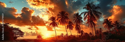 Tropical Tranquility  A Sunset Scene with Palm Trees in a Tropical Environment - A Panoramic View Featuring Silhouettes  Relaxation  and Nature s Evening Beauty.