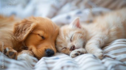 Cat and dog sleeping together. Kitten and puppy. AI Generative