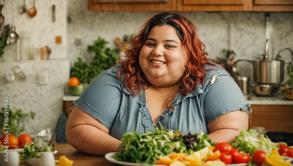 Very fat  happiness woman in the kitchen with vegetables, weight loss concept