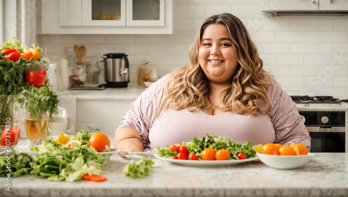 Very fat woman in the kitchen with vegetables  weight loss concept dinner