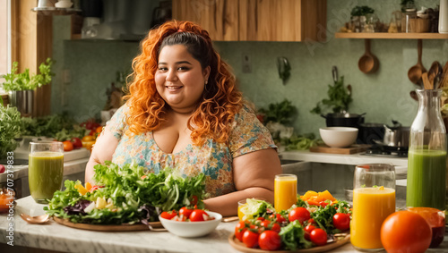 Very fat happy woman in the kitchen with vegetables, weight loss concept