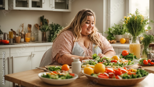 Very fat enjoying woman in the kitchen with vegetables, weight loss concept