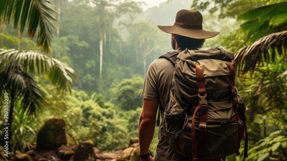 Jungle Odyssey: A Traveler Ventures Deep into the Heart of the Amazon Rainforest, Backpack Laden with Supplies for an Epic Exploration.