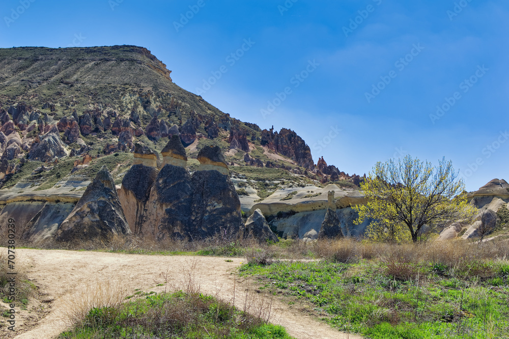 Cappadocia landscape soft volcanic rock, shaped by erosion into towers.