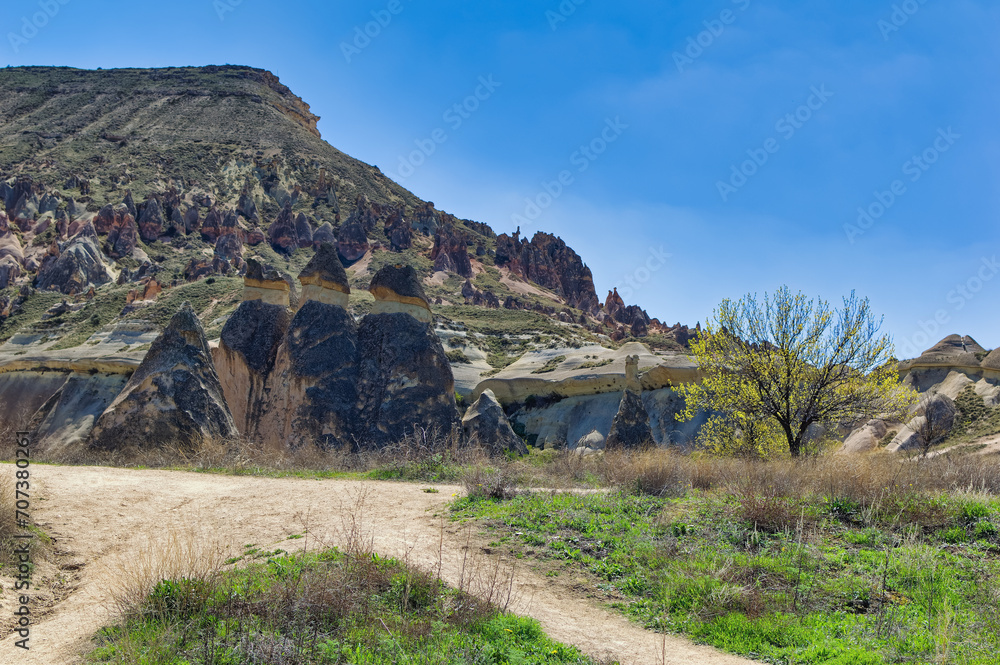 Cappadocia landscape soft volcanic rock, shaped by erosion into towers.
