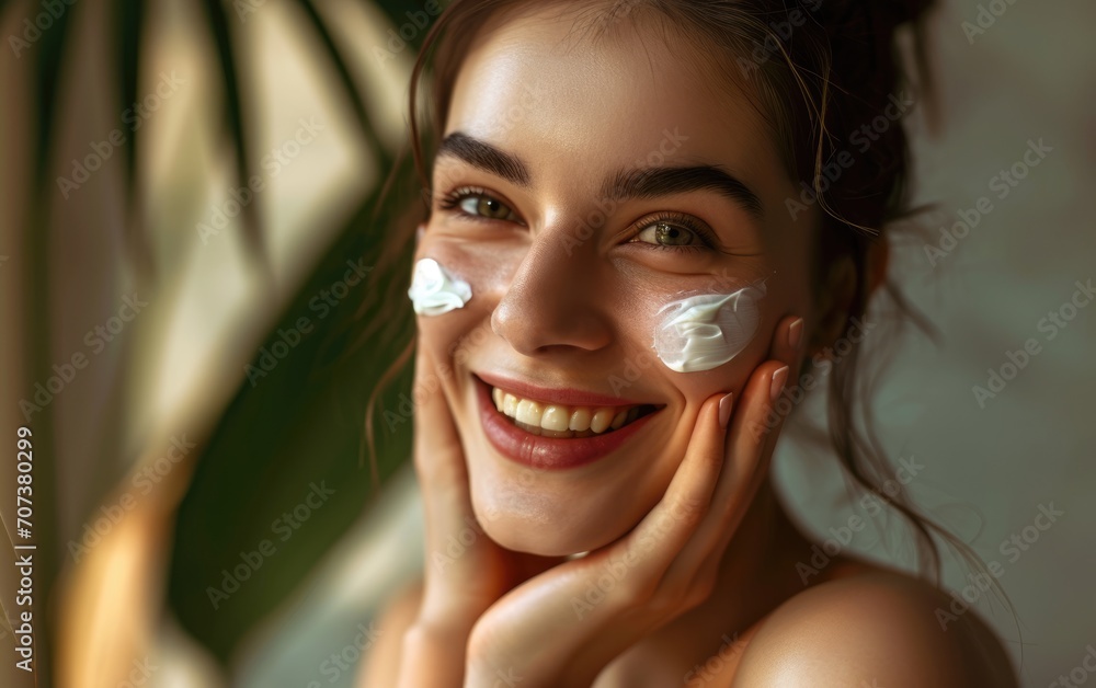 Joyful Skincare Ritual: A Happy Woman with a Beautiful Smile, Applying Face Cream - A Radiant Portrait Capturing the Satisfaction and Glow of a Positive Beauty Regimen.
Joyful Skincare Ritual: A Happy Woman with a Beautiful Smile, Applying Face Cream - A Radiant Portrait Capturing the Satisfaction and Glow of a Positive Beauty Regimen.