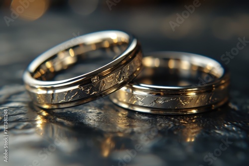 Infinite Love: A Celebration of Commitment - Two Solid Silver Male Wedding Bands Gleam on an Isolated Black Background, Symbolizing Union and Everlasting Love.