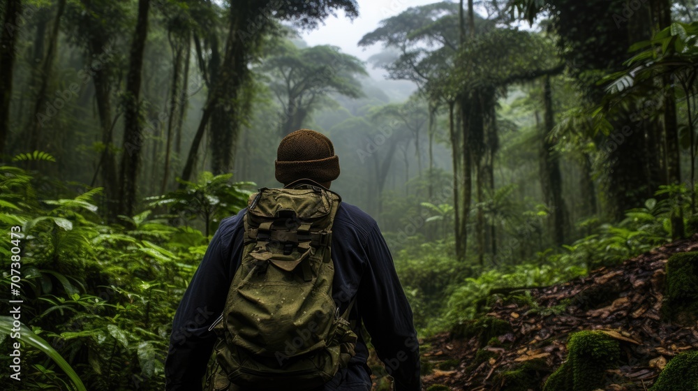 Jungle Odyssey: A Traveler Ventures Deep into the Heart of the Amazon Rainforest, Backpack Laden with Supplies for an Epic Exploration.