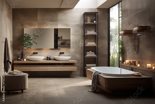 Bathroom with sleek surfaces and a minimalistic design  emphasizing simplicity and tranquility