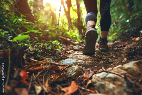 Trail Explorer: A Young Fitness Woman Takes a Nature Walk, Transforming into a Hiker, Surrounded by Trees and Nature's Beauty During a Scenic Trekking Adventure.
