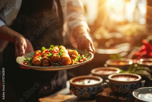 China Icon: A Wide-Angle Shot of a Chef Holding Chun Juan Spring Rolls with an Iconic Chinese Blurred Background - A Culinary Delight.