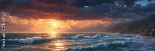 Captivating view of the sun setting over the ocean, with waves crashing against the shore and a dramatic cloudy sky. Generative AI