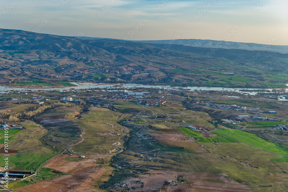 Aerial view over Cappadocia landscape.