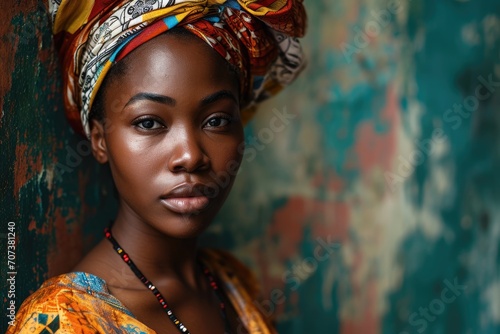 Heritage Celebration: Young African Woman in Colorful Turban, Backdropped by the Colors of the African Flag, Commemorating Black History Month, Juneteenth, Keti Koti, and Abolition Remembrance.

 photo
