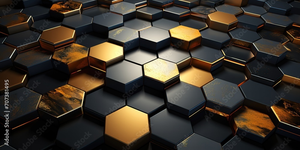 The background with an arrangement of embossed hexagonal shapes is shiny black and gold The background with an arrangement of embossed hexagonal shapes is shiny black and gold