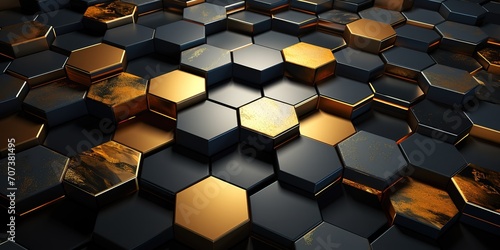 The background with an arrangement of embossed hexagonal shapes is shiny black and gold