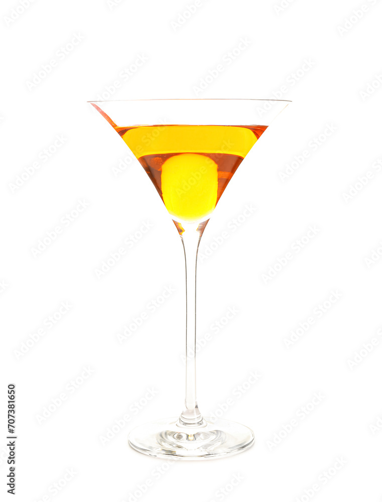 Glass of tasty yellow cocktail on white background. Valentine's Day celebration Glass of tasty yellow cocktail on white background. Valentine's Day celebration