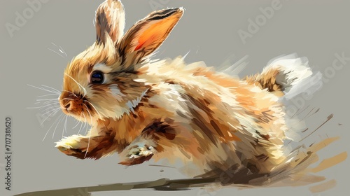  a digital painting of a brown and white bunny rabbit running with it's front paws in the air and it's front paws in the air, on a gray background.