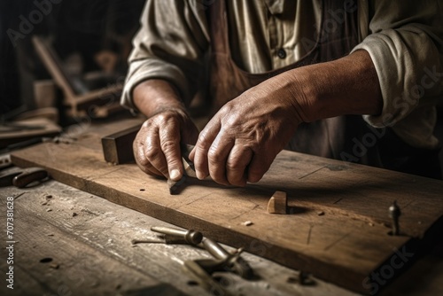 cropped shot of a carpenter working at his workbench