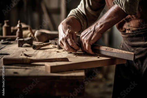 cropped shot of a carpenter working at his workbench photo