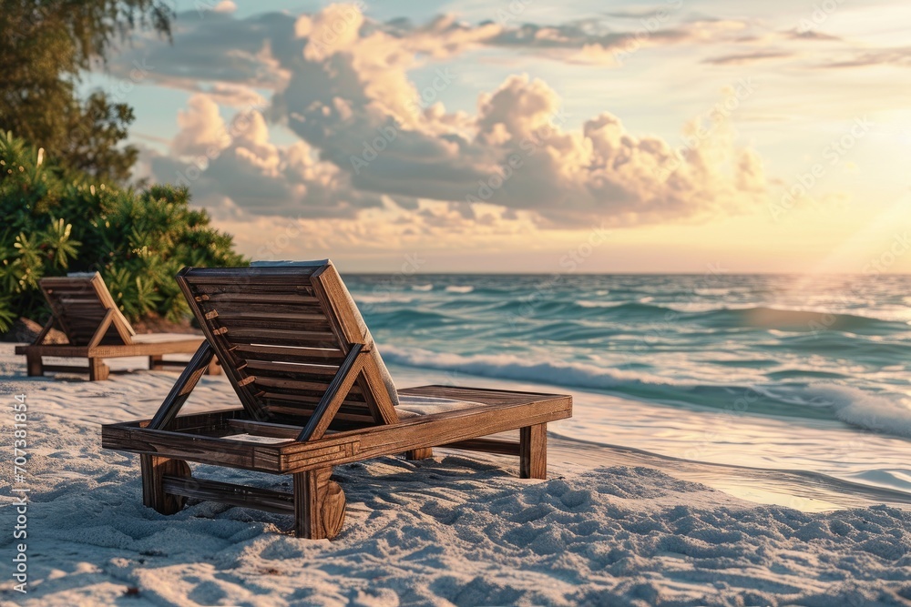 3D rendering of a chair on a white beach with a sunset sea view