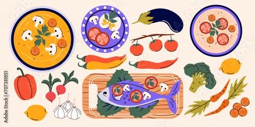 Cooking concept in a trendy style. Vector illustration. Isolated. Fish, greens, tomatoes, carrots, cream soup, peppers, garlic. Top view. Cooking food. Ingredients. Master class and cooking school.