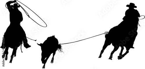 Foto figura, caballo, silueta, pegatina, vaqueros, cuerdas, vaquilla, soga, rancheros