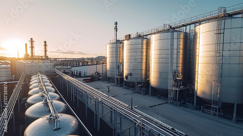 Um vasto parque de tanques de armazenamento em um complexo industrial armazenando produtos químicos e líquidos utilizados em vários processos industriais photo