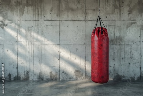 A red punching bag in the gym hangs near a wall photo
