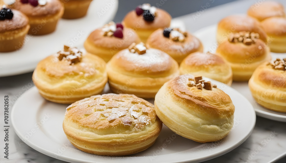 Close up of pastries on plates on counter