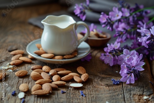 Almond and violet flower on wooden backdrop with milk