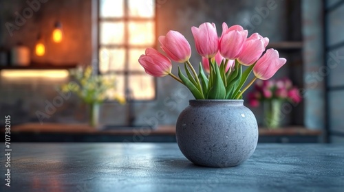 A vase filled with pink flowers sitting on a table. © tilialucida