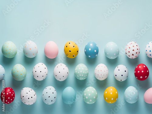 Happy Easter day minimalistic layout, painted colorful eggs on pastel blue background with copy space