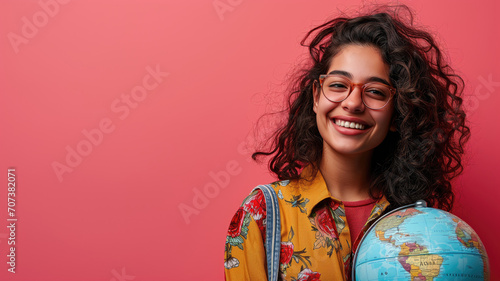 Cheerful woman with globe on a red background, smiling broadly