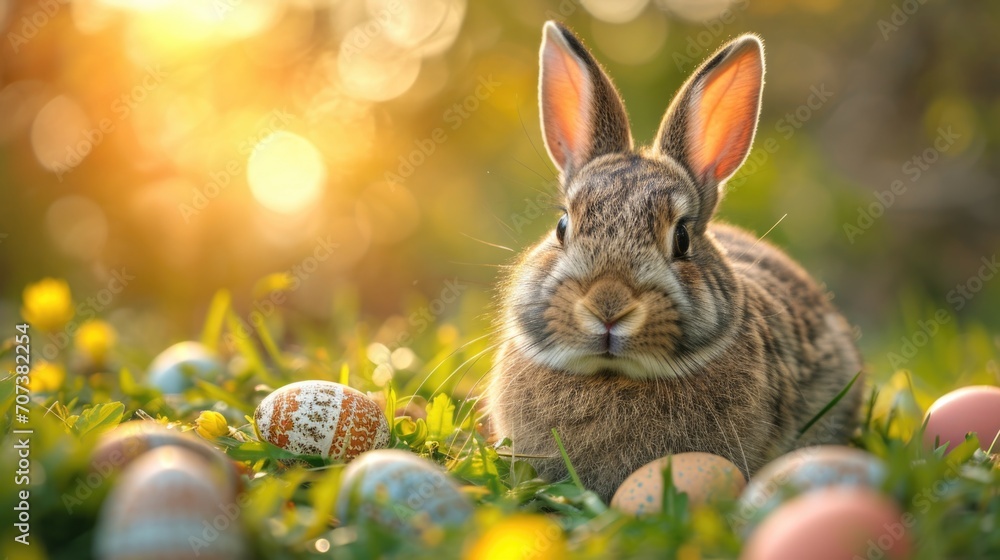 A rabbit sitting in the grass next to eggs. A rabbit sitting in the grass next to eggs.